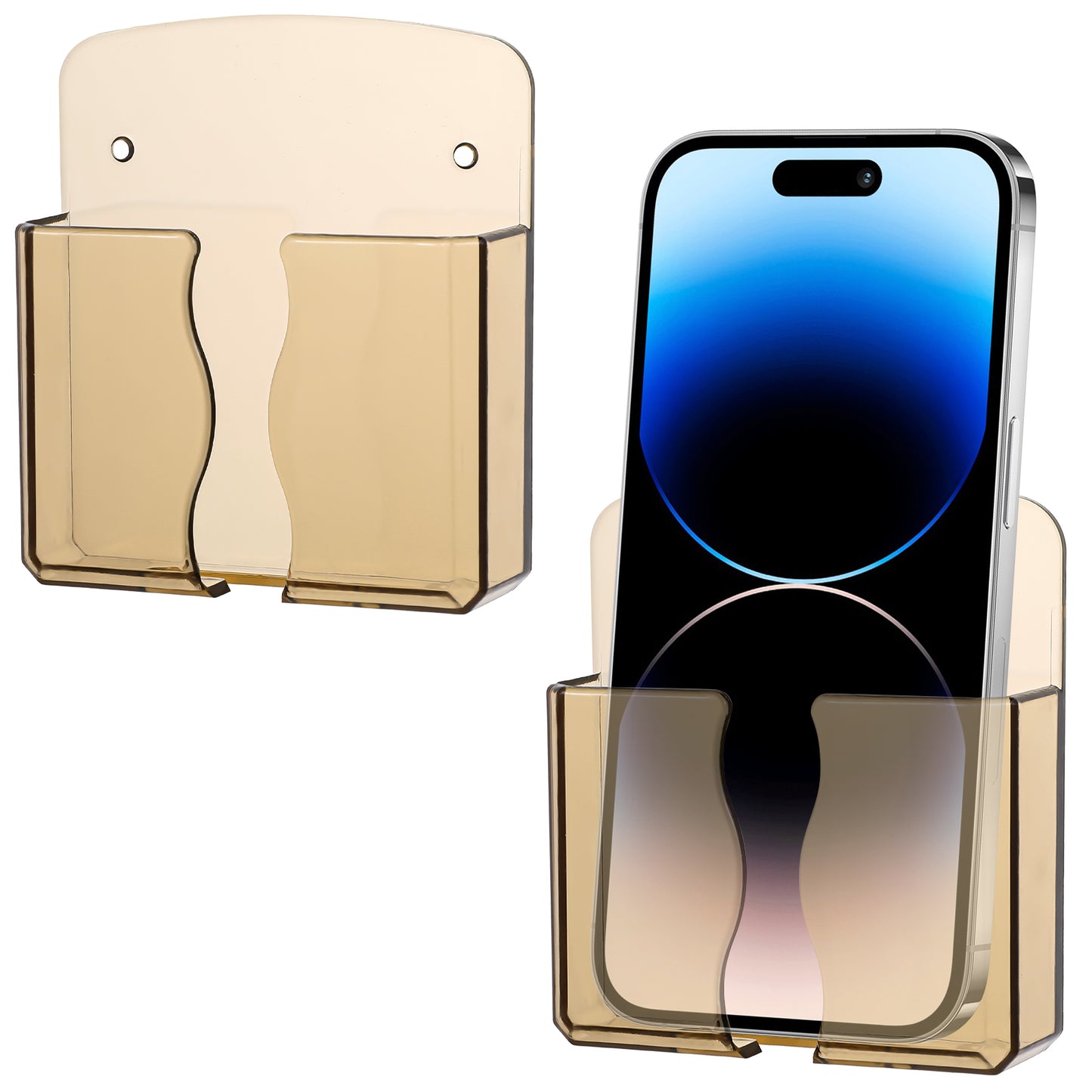 Ymapinc 2Pcs Wall Mount Phone Holder Transparent Wall Cell Phone Holder for Bed Self Adhesive Bedside Remote Control Stand with Charging Hole for Most Cellphone