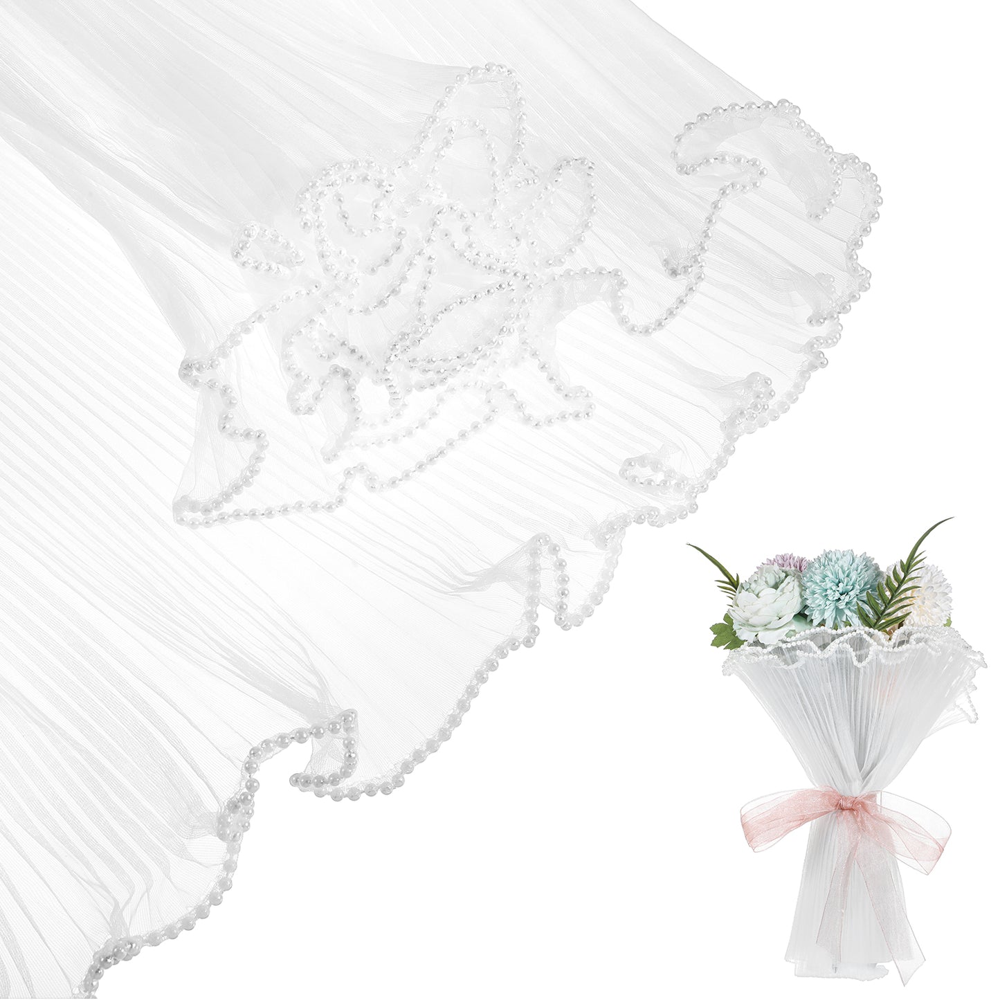 Flower Wedding Wrapping Paper White Pearl Mesh for Bouquets, Pearl Edge Wrinkle Bouquet Wrapping Papers Ruffle Yarn Translucent Wavy Net Floral Packaging Paper for Valentine's Day Mother's Day 4 Yards