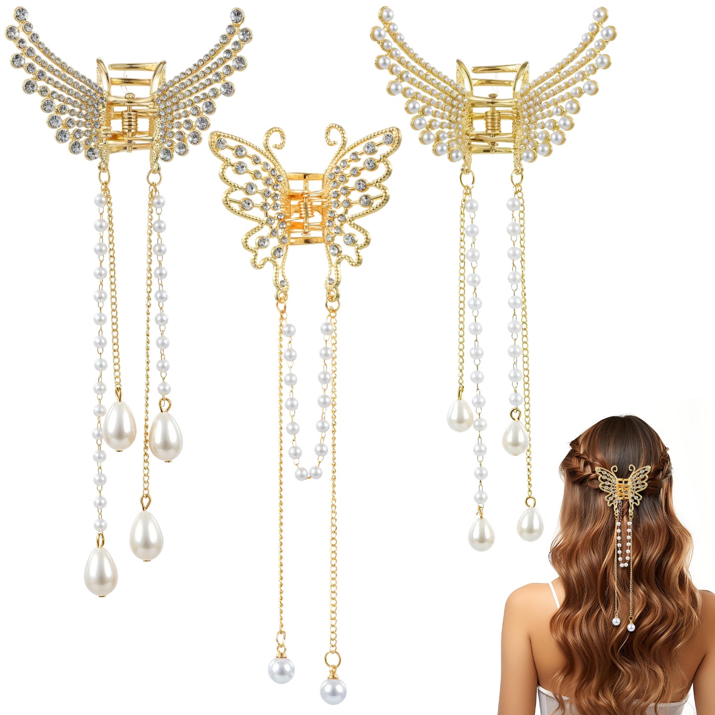 3 PCS Butterfly Hair Claw Clips with Tassel and Rhinestone, Non-slip Metal Fluttering Tassel Barrettes Hair Accessories for Women and Girls (Gold)
