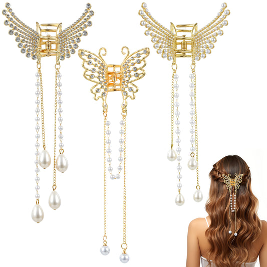 3 PCS Butterfly Hair Claw Clips with Tassel and Rhinestone, Non-slip Metal Fluttering Tassel Barrettes Hair Accessories for Women and Girls (Gold)