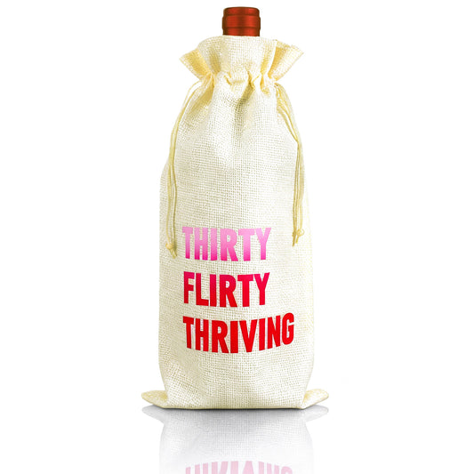 Ymapinc Thirty Flirty and Thriving Linen Bottle Gift Bag, Funny 30th Birthday Wine Gift Bag, Cute Drawstring Wine Bags for Celebrations, Ideal for Leaving Gifts & New Home Presents