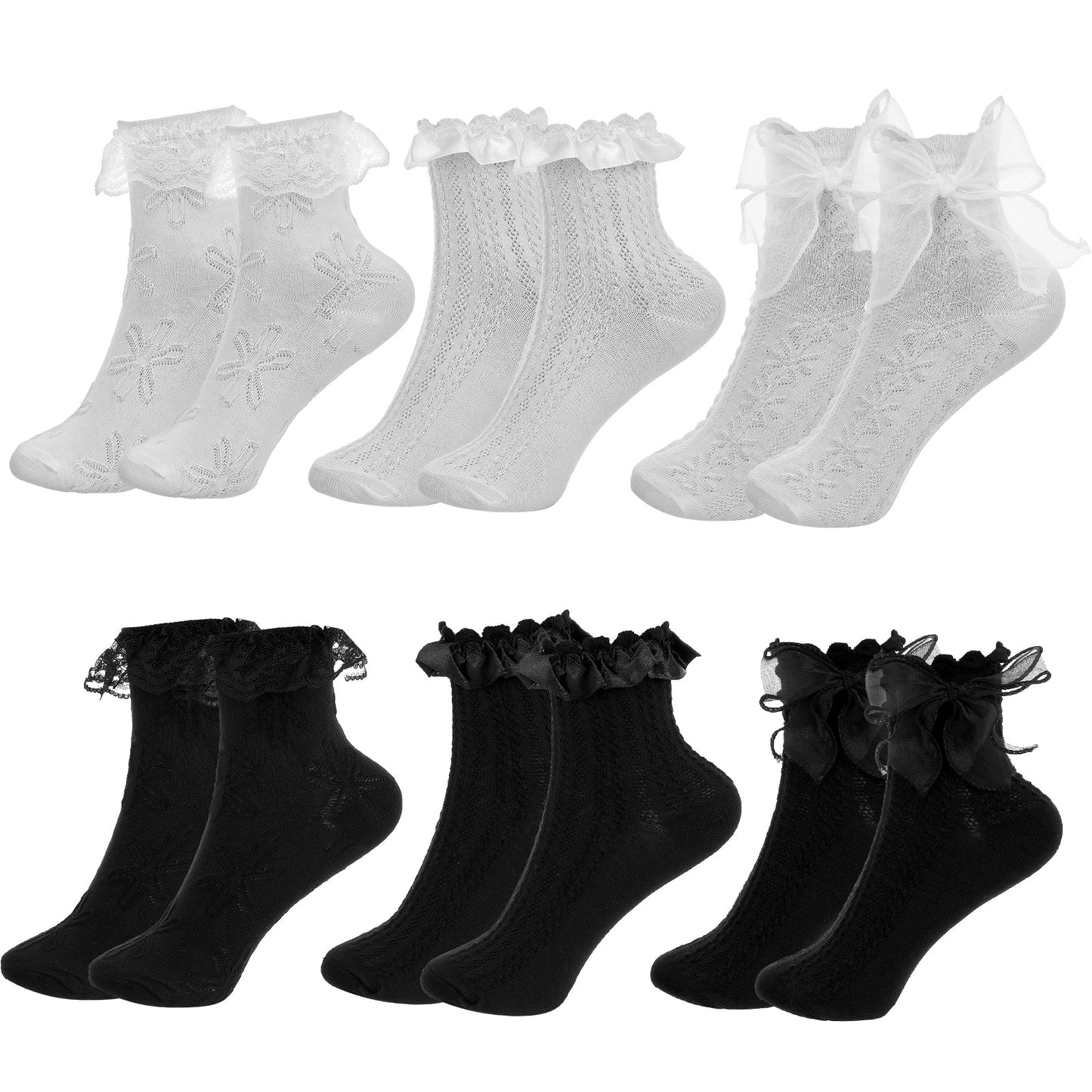 Matwsec 6 Pairs Lace Socks Women Ruffle Socks Frilly Ankle Sock Black White Ruffle Cute Breathable Thin Cool Casual Comfortable Cotton Princess Sock for Casual Wedding Costume Party Supplies
