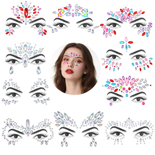 10 Sets Colorful Face Gems for Women Mermaid Face Jewels Stick On Festival Rave Body Stickers Crystal Jewels Eye Gemstones Self- Adhesive Glitter Jewel Tattoo Sticker for Makeup Ladies