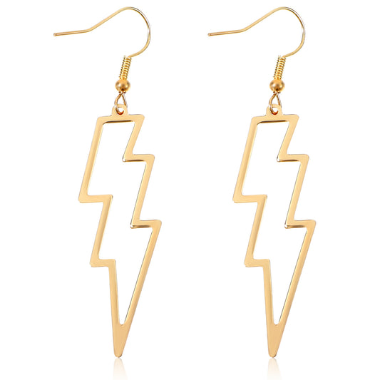 2PCS Lightning Bolt Earrings Gold 80s Dangle Earrings Women Neon Punk Fashion Lighting Bolt Drop Earrings Geometric Statement Flash Thunder Hook Earings Jewelry for 80's Outfit Party Accessories