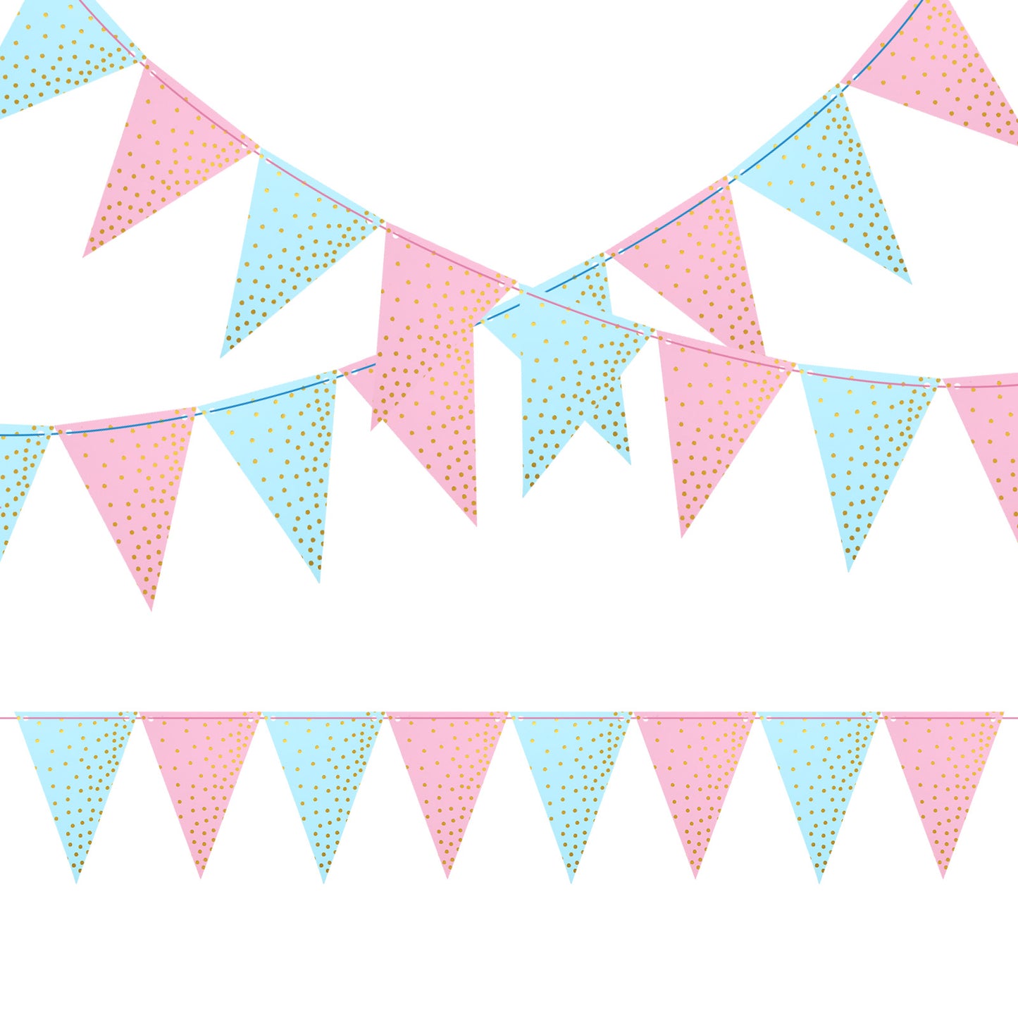 RAHHLIZS 2pcs Triangle Pennant Flags Banner, Pastel Bunting Banner with Gold Polka Dots, Pre-Strung Paper Party Garland for Birthday Gender Reveal Bridal Shower Wall Ceiling Window Decoration