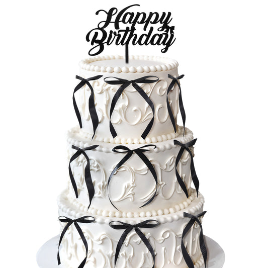 21Pcs Black Bow Cake Toppers with Happy Birthday Sign, Vintage Ribbon Cupcake Toppers for Birthday Party Cake Decorations, Coquette Themed Anniversary Wedding Decor Supplies for Girls Women
