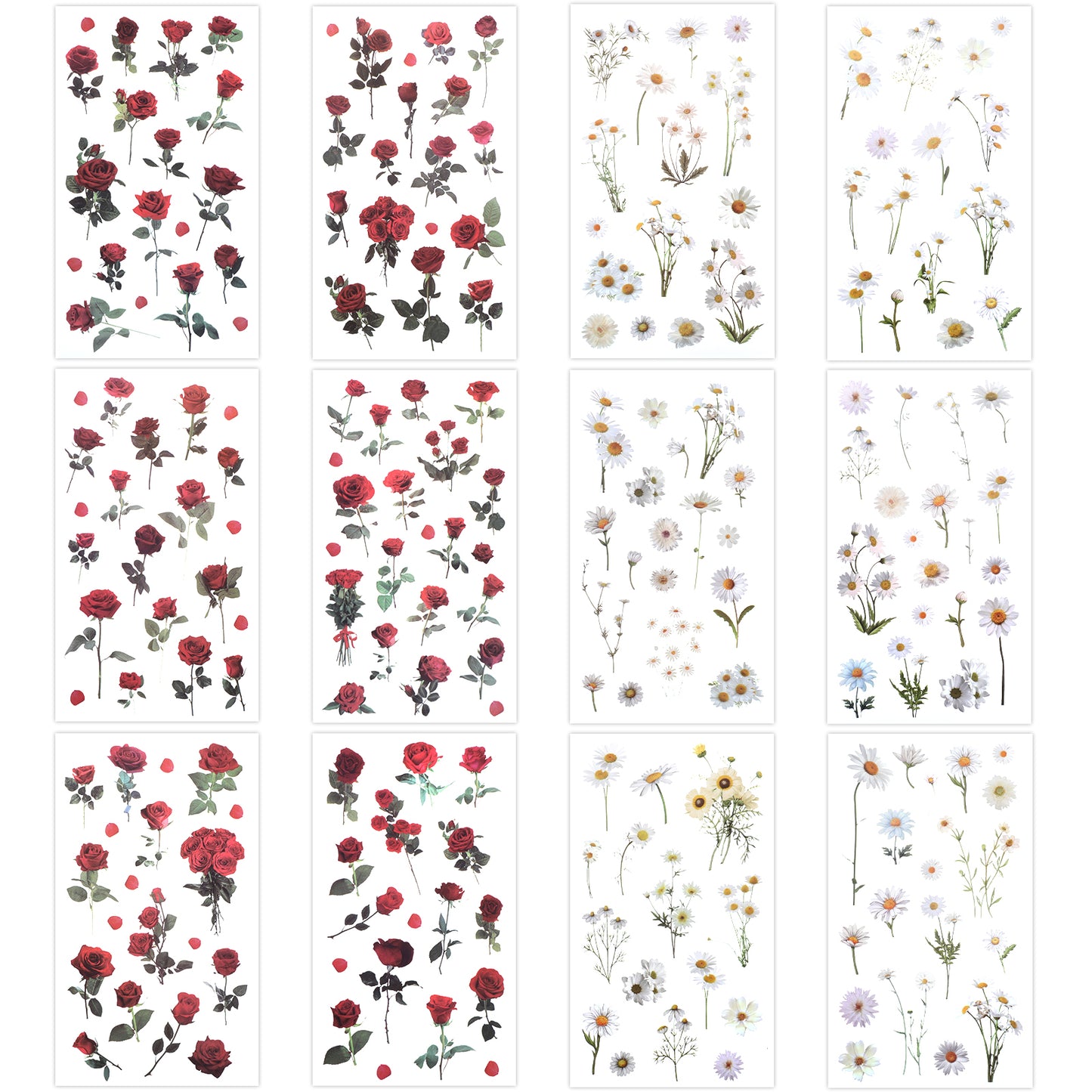 Ymapinc 12 Pcs Clear Flower Stickers, Transparent Rose and Daisy Floral Themed Decals for Scrapbooking Journaling Supplies Waterproof for Crafts DIY Decoration Water Bottles