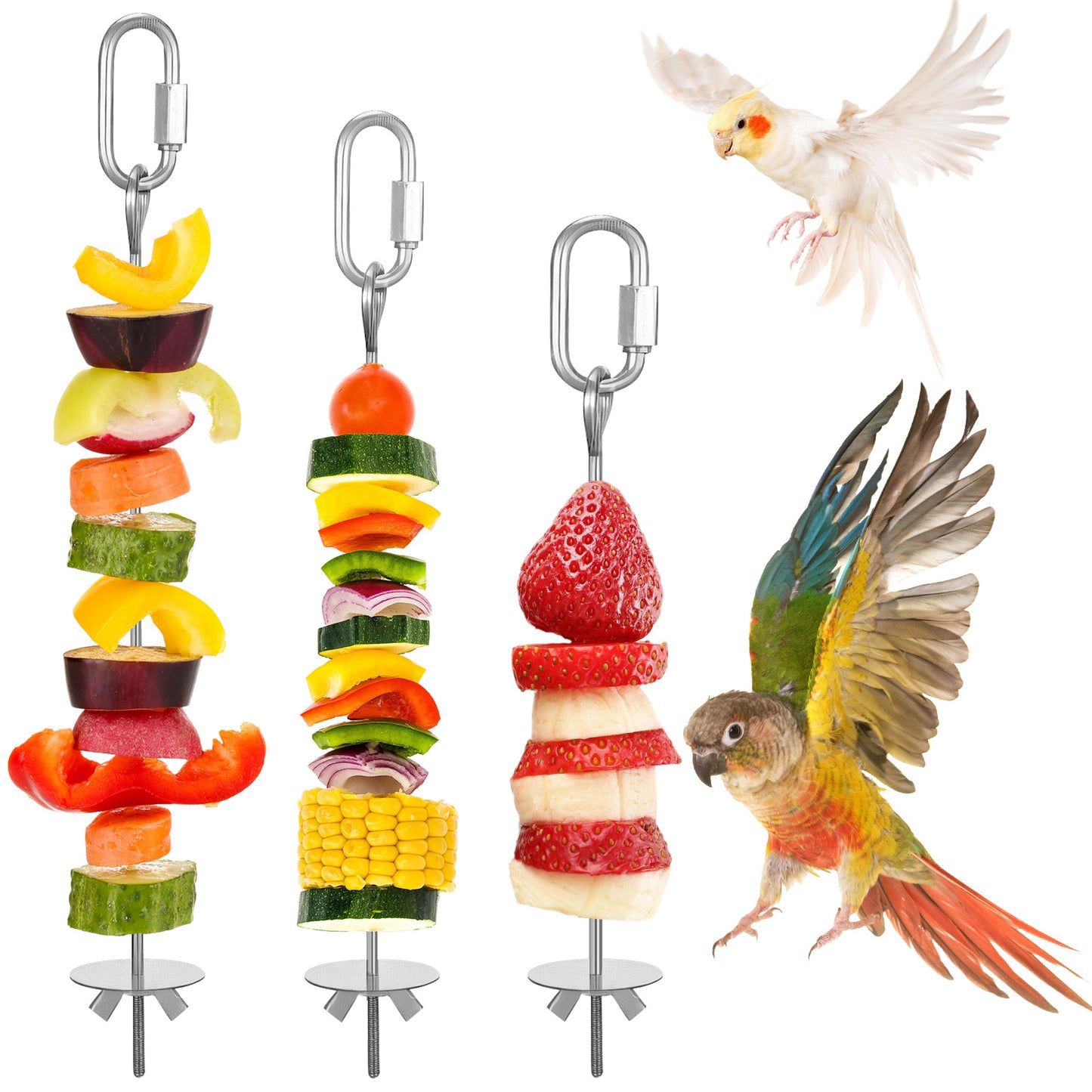 Xinjoduz Parrot Fruit Stick Feeder Bird Cage Food Holder 3PCS Stainless Steel Parrot Fruit Vegetable Skewer Bird Cage Feeder Foraging Toy with Hook for Parakeet Budgie Macaw (5.98/7.87/9.84 Inch)