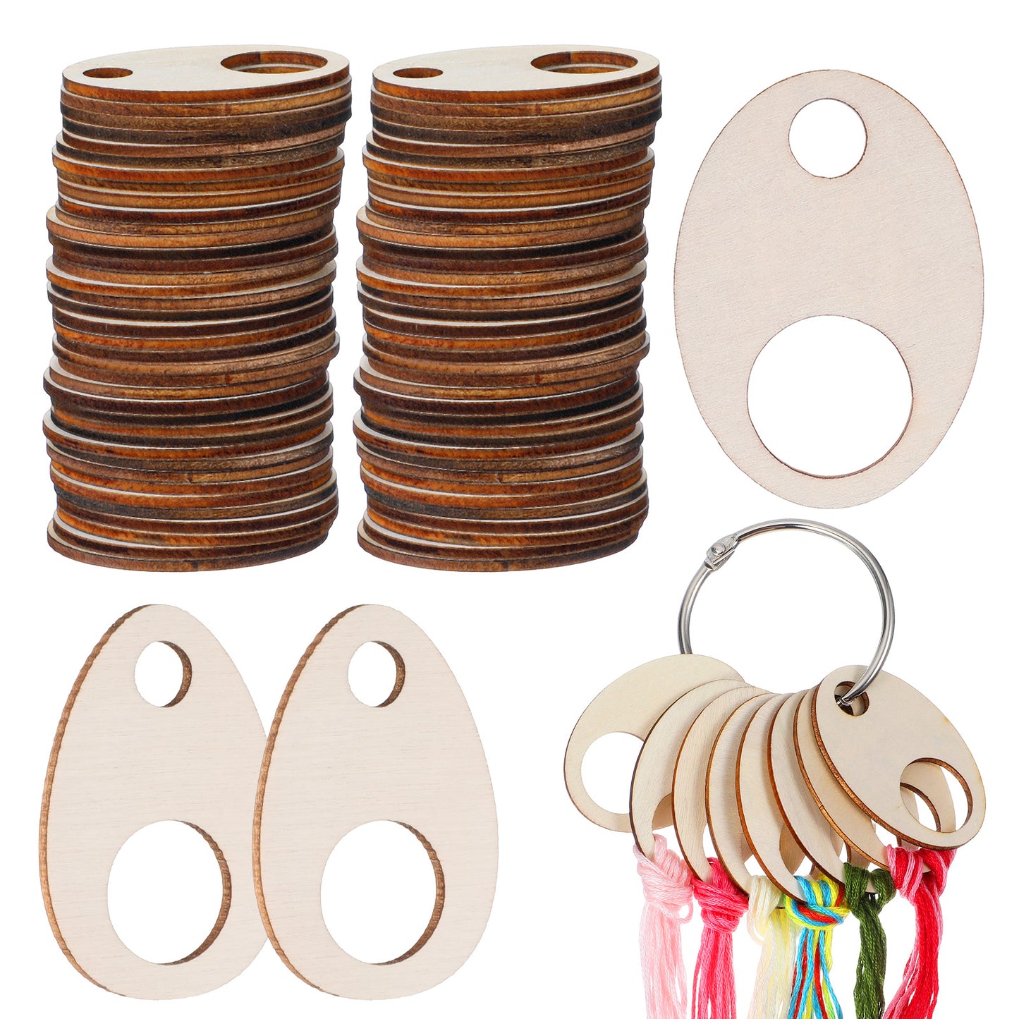 100 PCS Wood Thread Drops, with 2 Open Rings Teardrop Embroidery Floss Organizer with Metal Rings, Wooden Thread Bobbins for DIY Sewing Storage and Craft Supplies