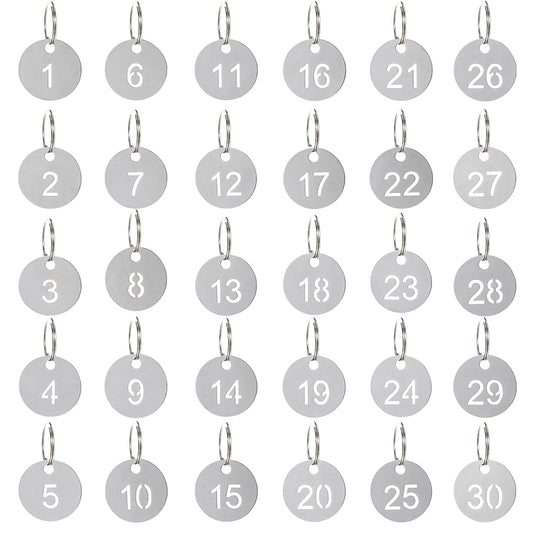 1-30 Key Tags Number Labels with Rings, Keychain Labels Hollow Numbers Tag Stainless Steel Numbered Keychains, Durable Metal Key ID Tags for Dormitory Keys, House Lockers, Luggage
