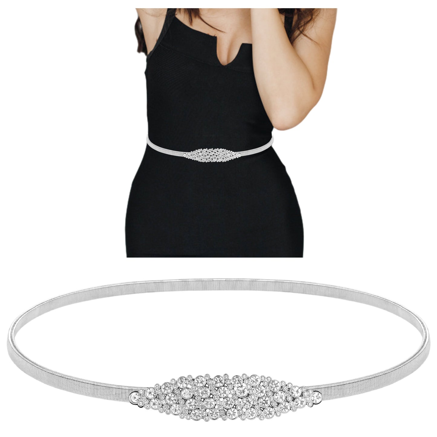 Teaaha Thin Belt Women's Skinny Metal Waist Belt Silver Elastic Stretchy Chain Belt Dressy Belts for Women Evening Dresses