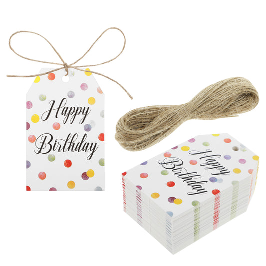 100PCS Happy Birthday Gift Tags with String - Colorful Dots Design, Personalized Paper Tags for Baby, Boy, Girl Birthday Party Decorations