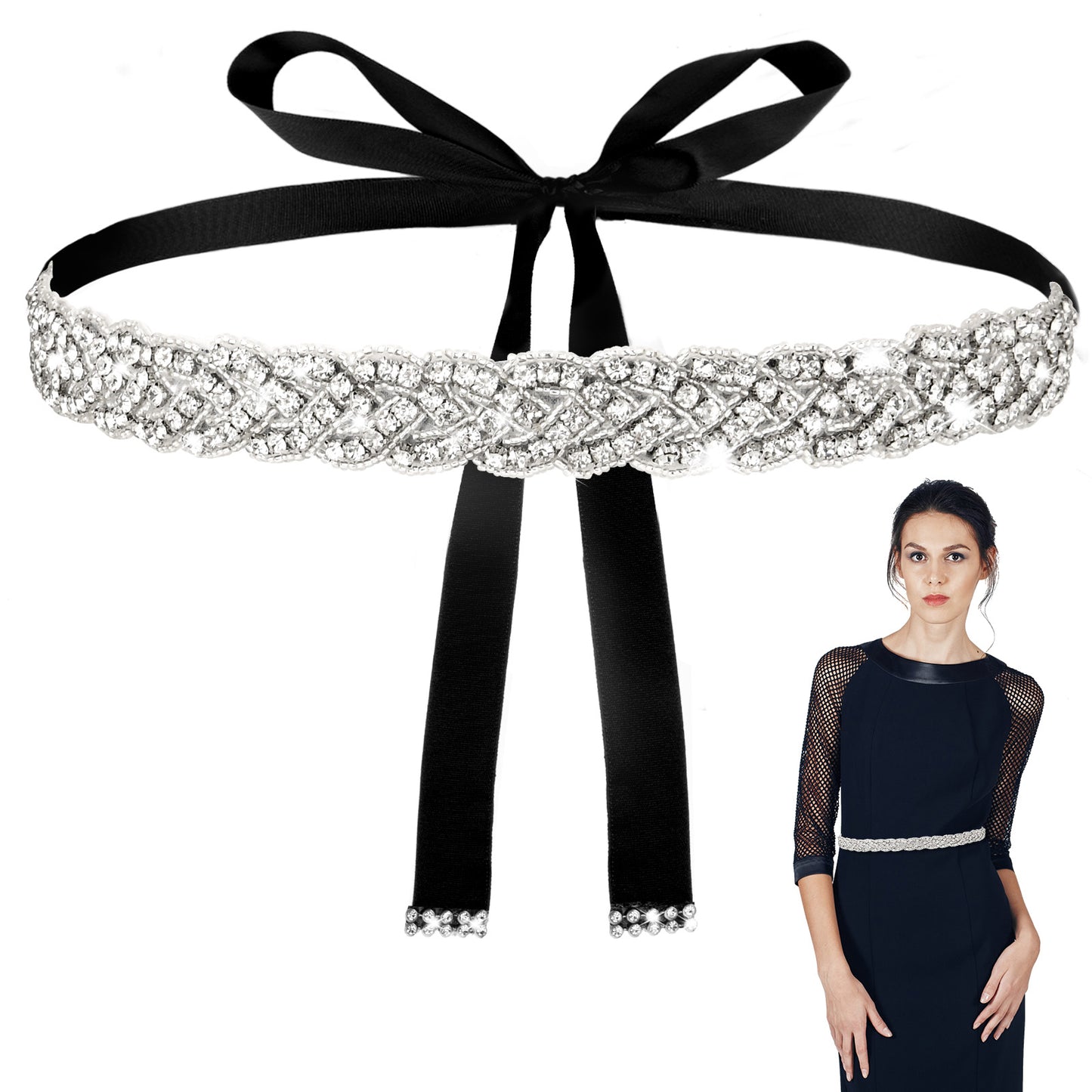 Ymapinc Black Rhinestone Belt for Formal Dress, Women Sparkly Crystal Belts Glitter Sequin Bridal Wedding Bling Jeweled Accessory
