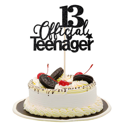 1Pcs 13th Official Teenager Cake Topper, Glitter 13th Birthday Cake Pick Decorations, Happy Birthday Party Supplies Decorations for Teen 13 Boys Girls Black