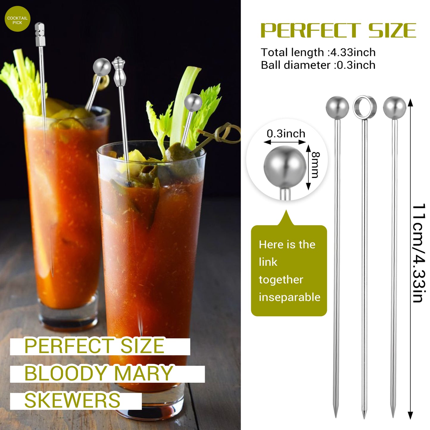 16Pcs Stainless Steel Cocktail Picks Stick, Premium Metal Cocktail Toothpicks Skewers for Drinks, Martini Picks, Garnish Pick Bloody Mary Skewers for Olives Appetizers Fruit(4.3 Inch)