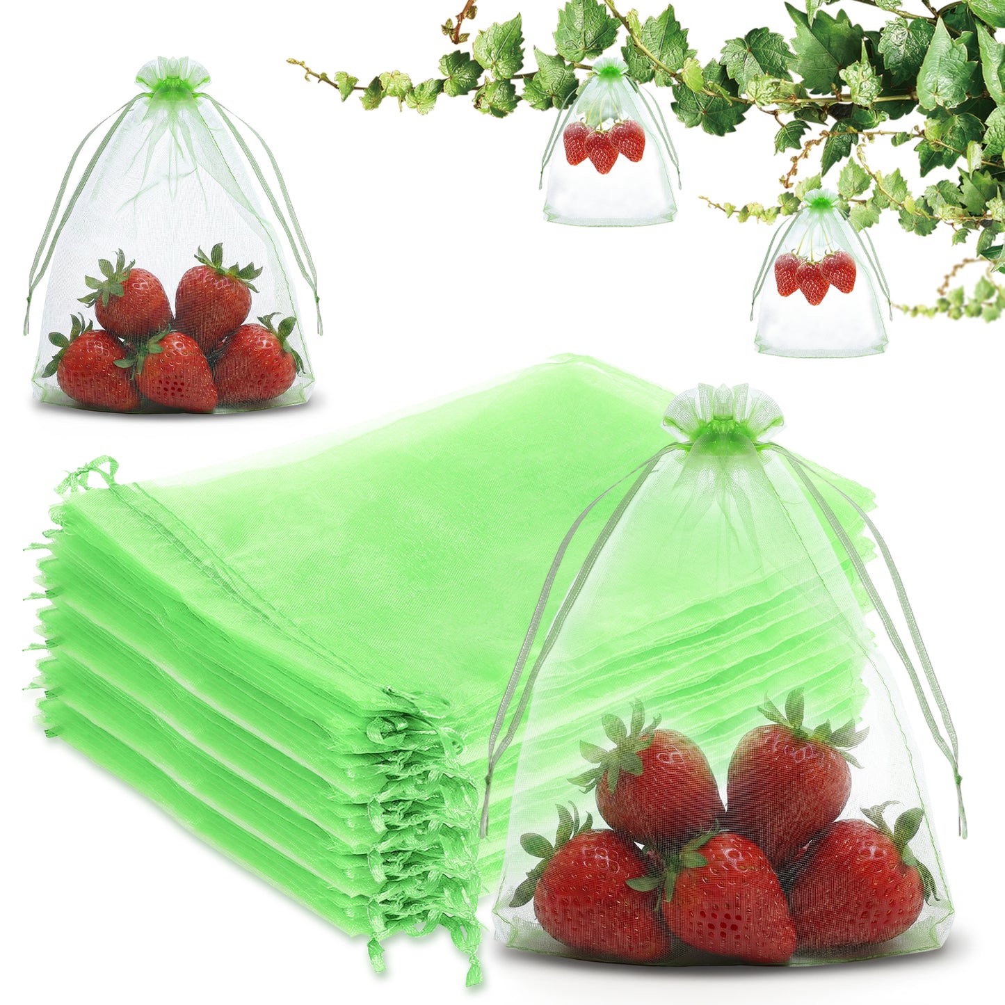 Ouligay 50PCS Fruit Protection Bags 6x8 Inch Green Garden Fruit Tree Netting Cover Bag Drawstring Mesh Bags Small Tomato Protectors Bag Pest Barrier for Blueberry Small Fruits Veggies Garden