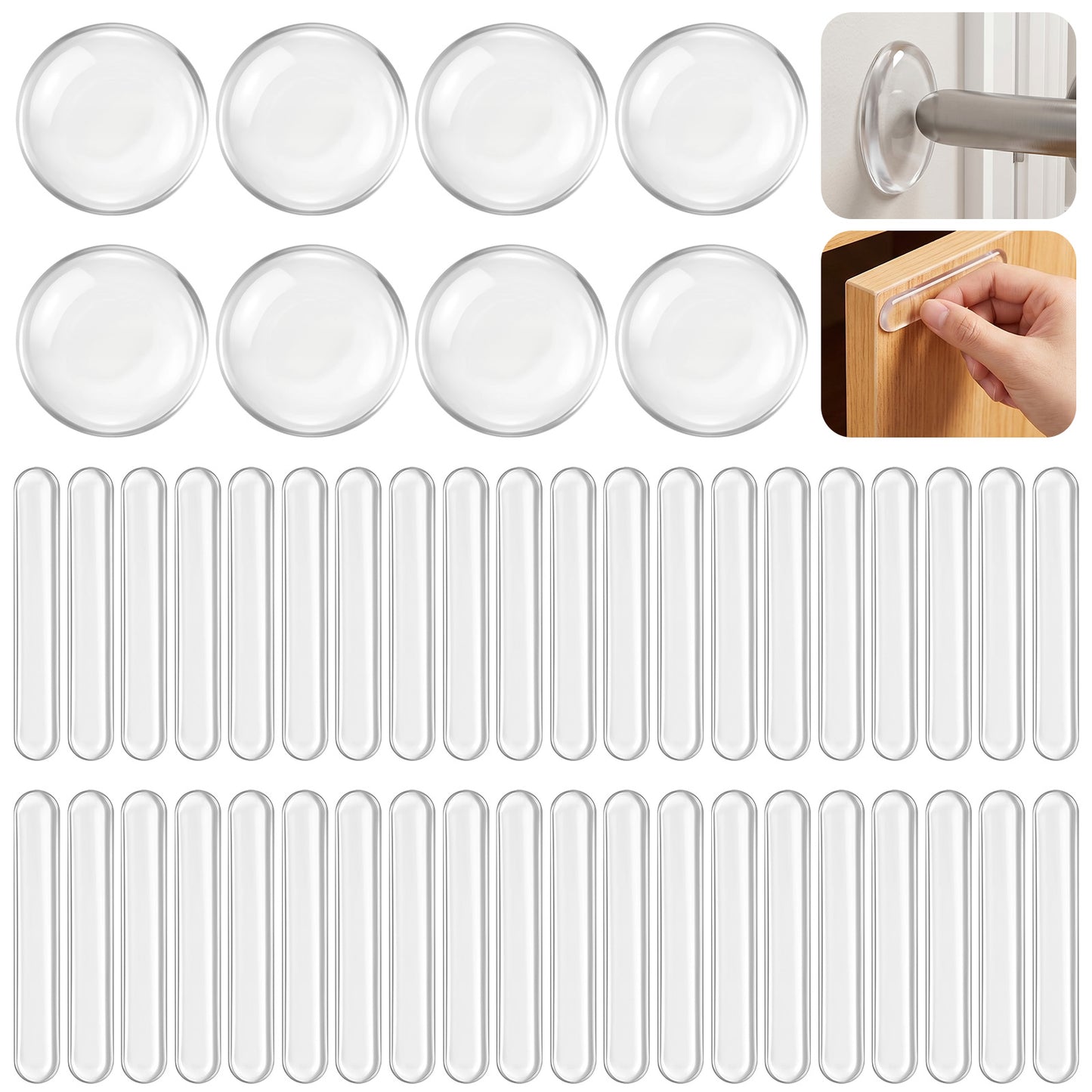48pcs Door Stoppers for Wall Wall Bumpers Clear Cabinet Door Bumper Silicone Strips Self Adhesive Bumpers Walls Protects Every Surface for Furniture Cabinets Doors Toilet (1.55×1.55,2.48×0.39 Inches)