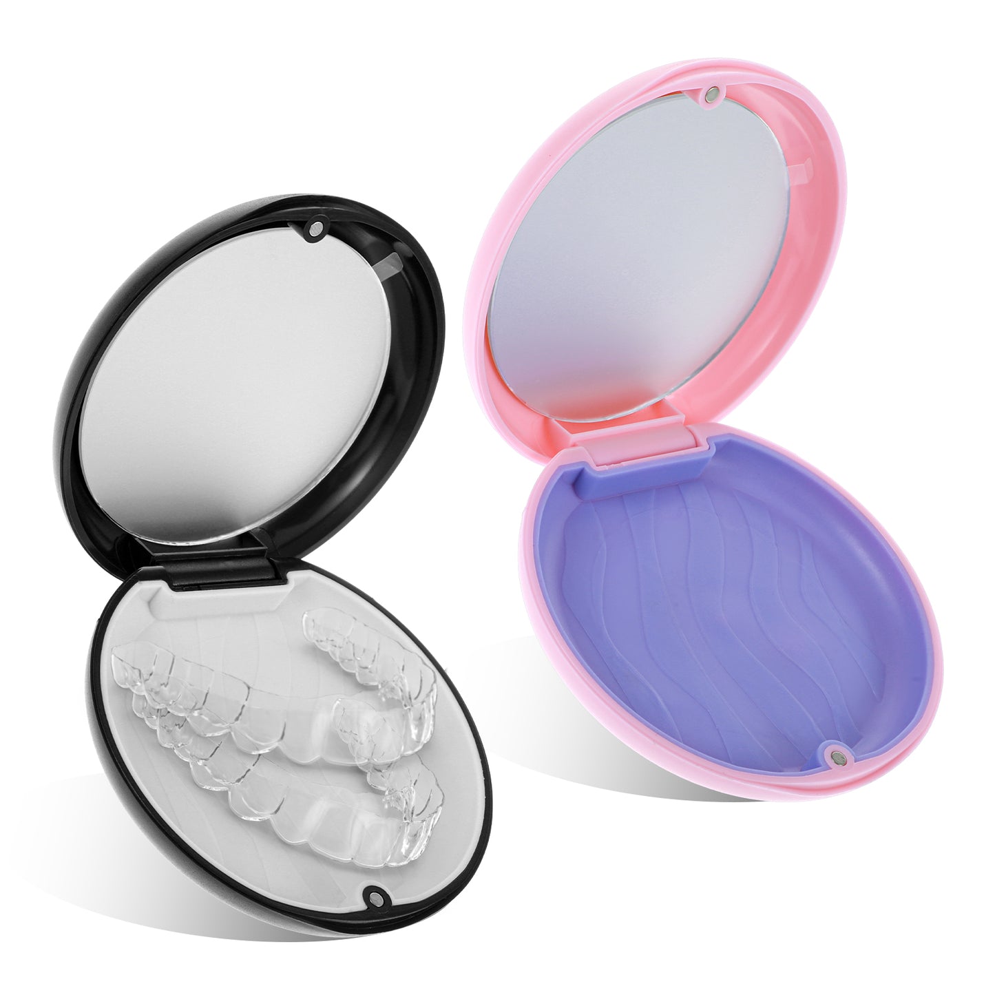 2 Pcs Braces Box Portable Denture Box with Mirror Easy-Clean Retainer Case for Dental Splint Mouthguard Holder for Ortho Retainers, Sports Dental Appliances, Dentures (Pink and Black)