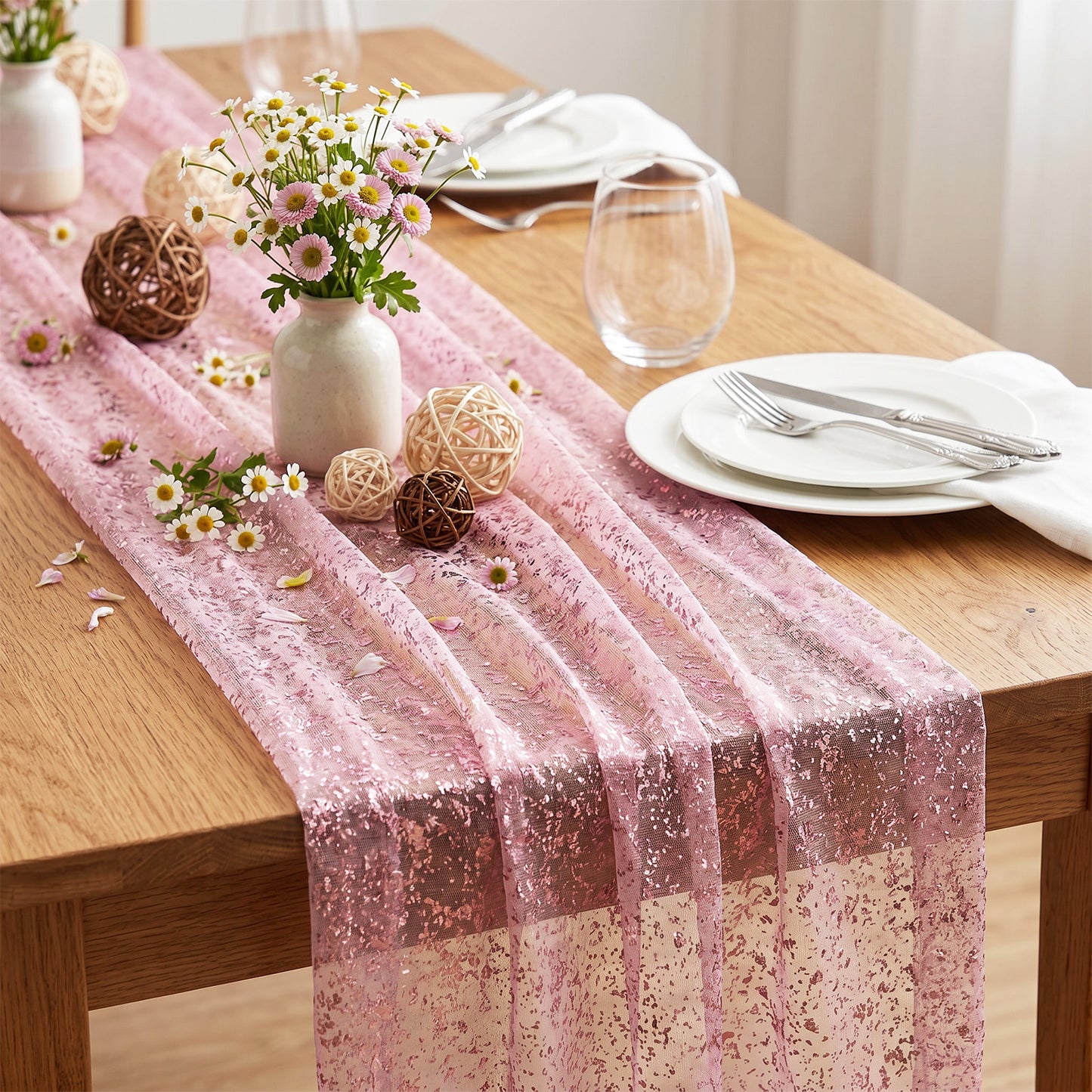 Table Runners Pink Cheesecloth Table Runner, Glitter Metallic Foil Tulle