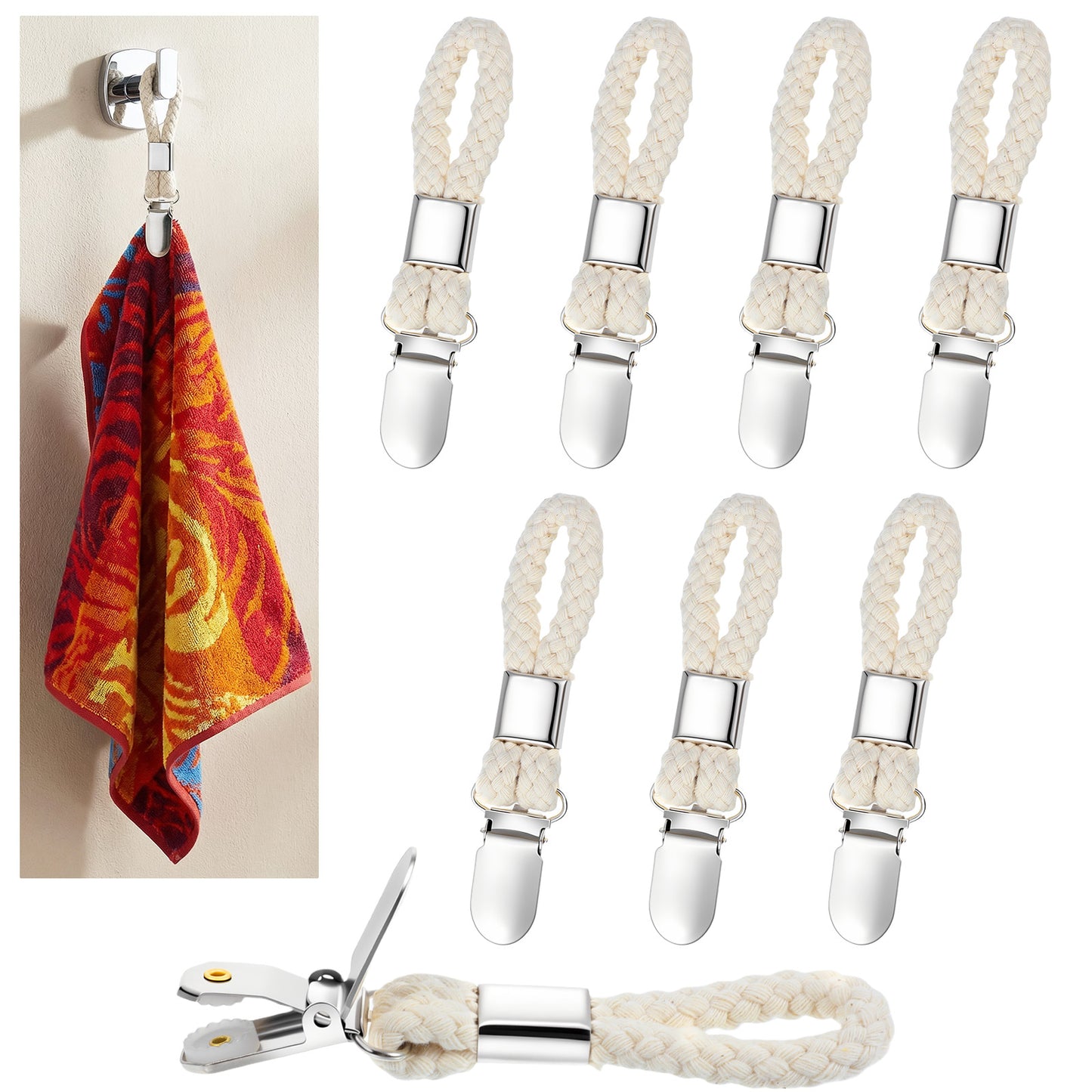 Ouligay 8PCS Hanging Tea Towel Clips, Metal Kitchen Towel Clips with Loop Cotton, Bath Towels with Hanging Loop Beige Kitchen Hand Towels Holder Hook for Home Bathroom Cupboards Cloth Hanger Holder
