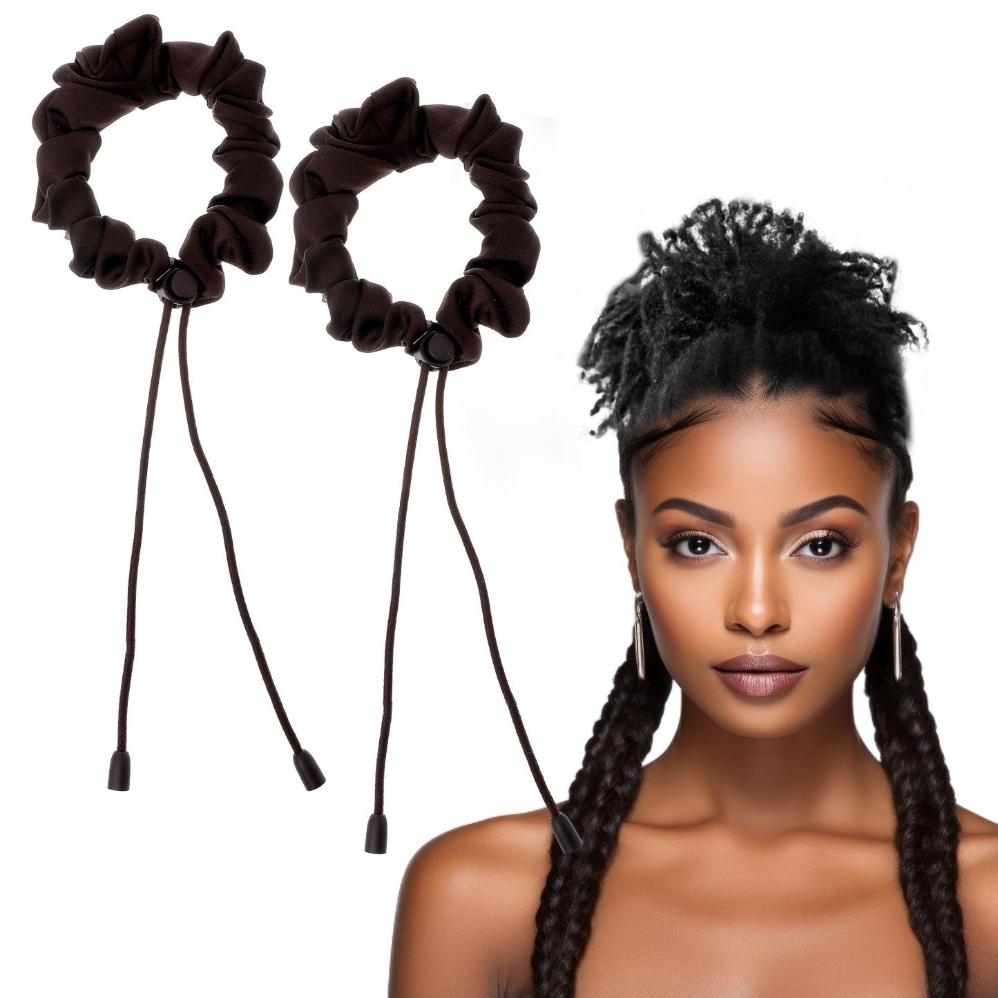 2Pcs Brown Adjustable Elastic Hair Ties for black women, satin hair scrunchies for braids Thick Curly Hairstyles Afro Puffs Ponytails Locs Pineapples