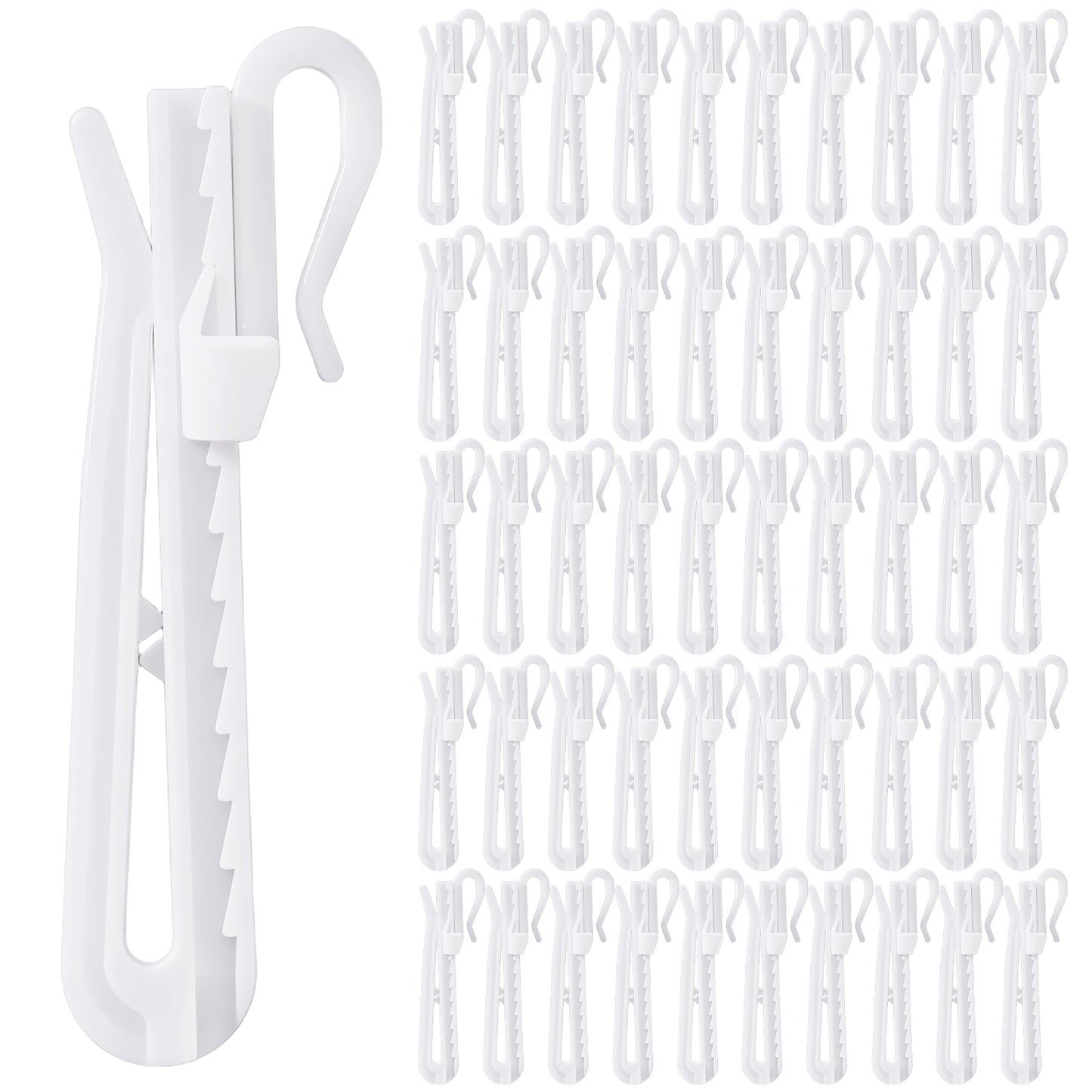 50 Pcs 85mm Adjustable Curtain Hooks Pinch Pleat Hook Ratchet System Depth Pinch Heavy Duty Plastic Drapery Pins Curtain Pin Hooks for Window Door Shower Rust Proof Easy Use Install White