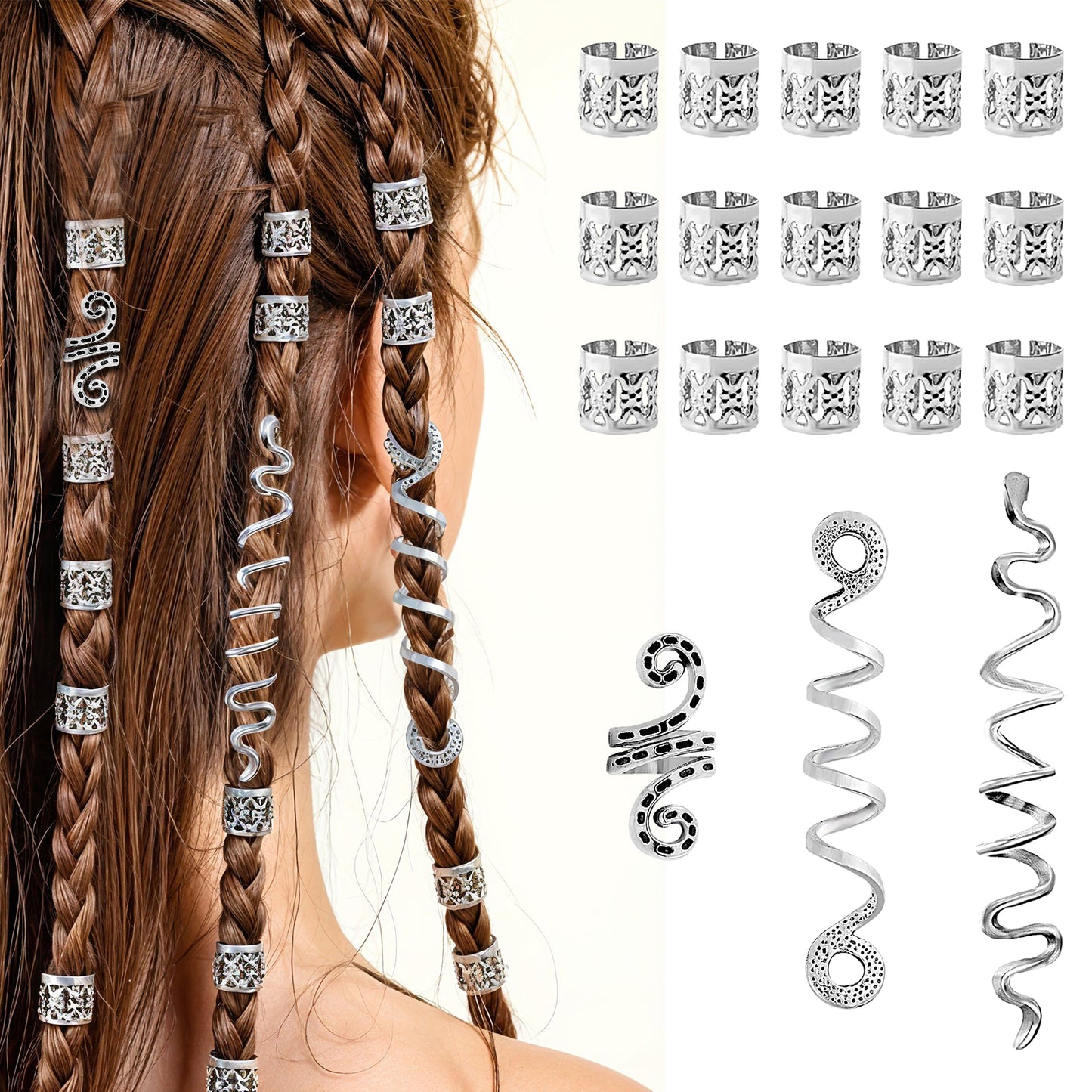 18pcs Snake Hair Clips Decoration Silver,Gold Hair Accessories for Braids,Metal Dreadlock Beads Set,Loc Jewelry for Black Women,Hairs Charms for Dreadlocks and Braiding