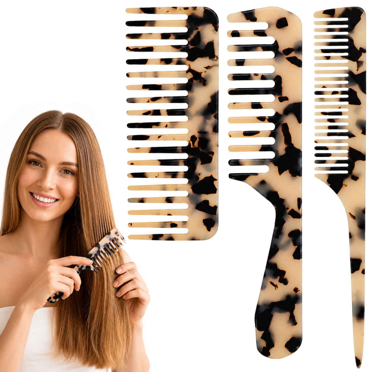 Matwsec 3 PCS Hair Comb Set Fine & Wide Comb Detangler Combs Tortoise Ivory