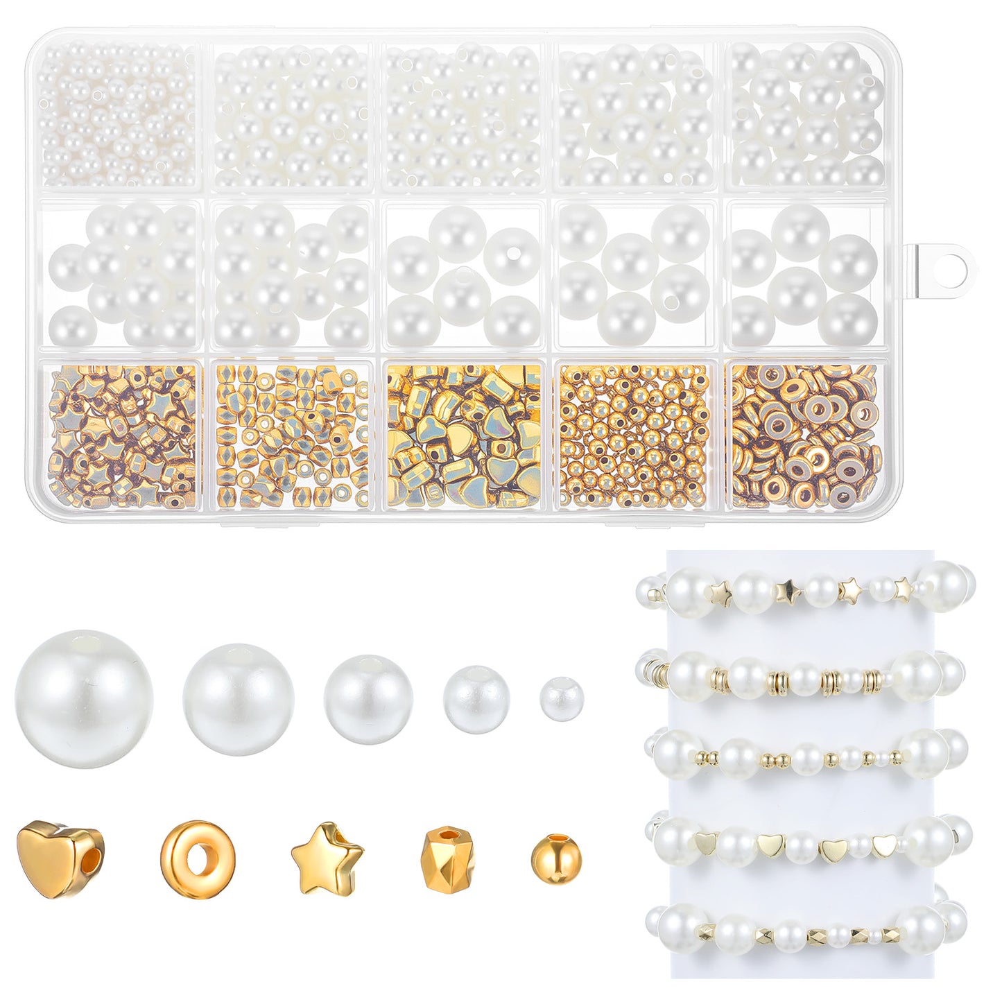 720pcs Pearl Beads with Gold Spacer Beads,Pearl Bead for Jewelry Making,Round Pearls Bracelet Making Kit,Friendship Bracelet Kits,Letter Star Heart Bow Bead for Bracelets Necklaces Earrings Crafts