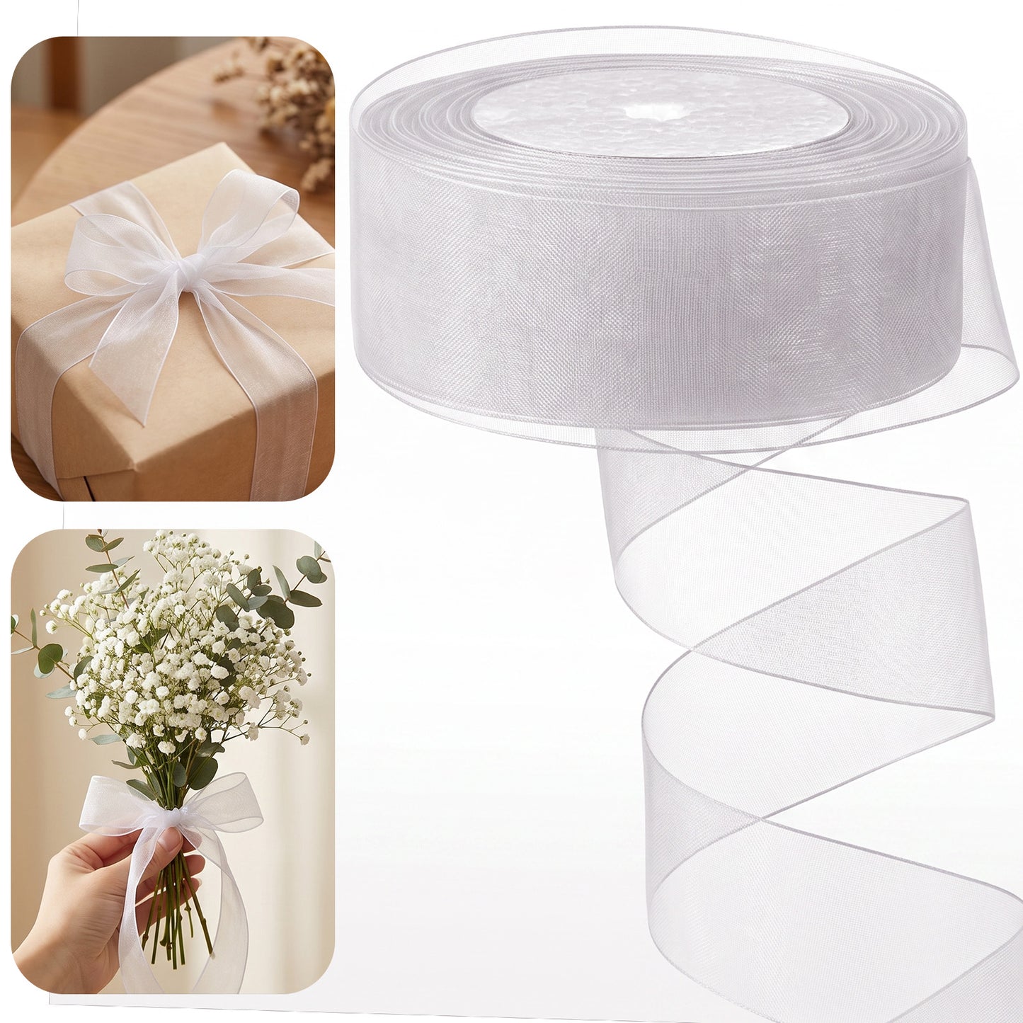RAHHLIZS 4cm 55m Organza Ribbon White Sheer Ribbon Chiffon