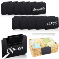 12PCS Labels for Storage Bins, Fabric Labels, Removable Label， Shelf Price Tags, Merchandise Sign Display Holder, 3.54 × 2.76" Clip On PVC Label with Chalk Marker for Basket Pantry Organization Box