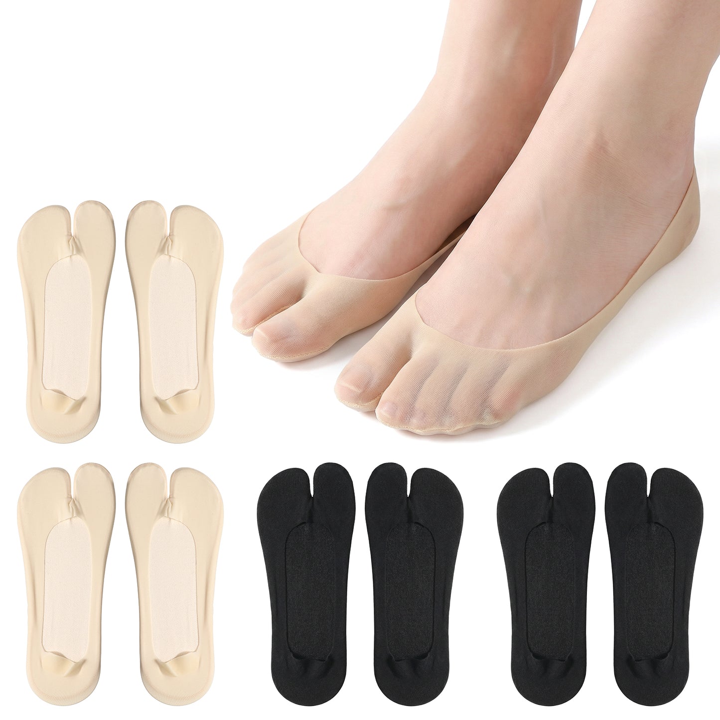 Matwsec 4 Pairs Tabi Socks for Women No Show Split Toe Socks Flip Flop Sock Japanese Non Slip Low Cut for Loafers Sandals Liner Sock for Flip Flops, Ice Silk