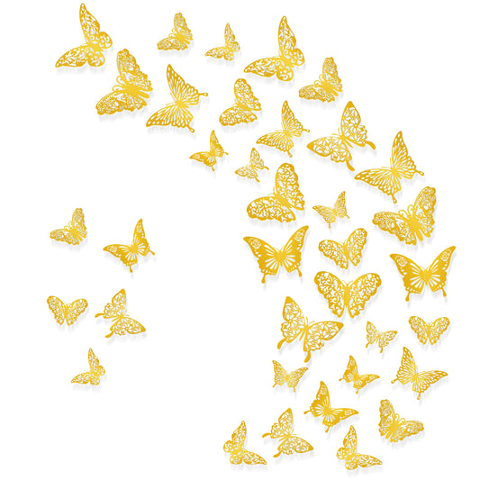 Tyqour 72Pcs Gold Butterfly Decorations 3D Butterfly Wall Decor 3 Sizes Butterflies for Crafts Butterfly Wall Decals Stickers Gold Butterfly Cake Decorations for Room Decor Birthday Party Decor