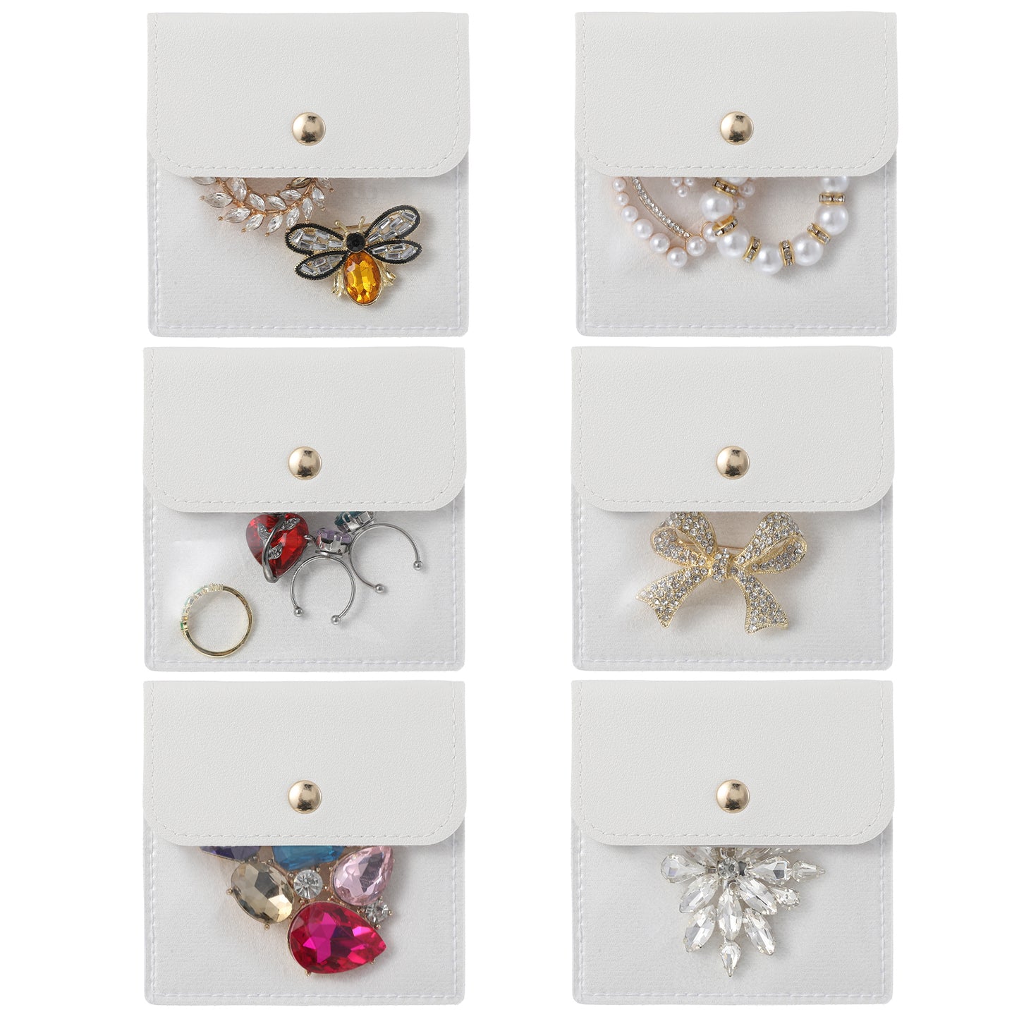 Xinjoduz 6 PCS Mini Travel Jewelry Bag PU Leather Jewelry Packaging Bags Individual Pouches Small Clear Soft Package Gift Storage Bag for Women Men Rings Necklace Bracelet (3.74"× 3.74" White)