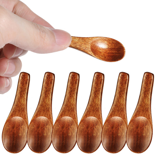 Ymapinc 6pcs Small Wooden Spoons, Mini Tiny Little Wood Spoon for Spice Jars Honey Sugar Salt Sauce Teaspoon Cooking Kitchen, Red Brown