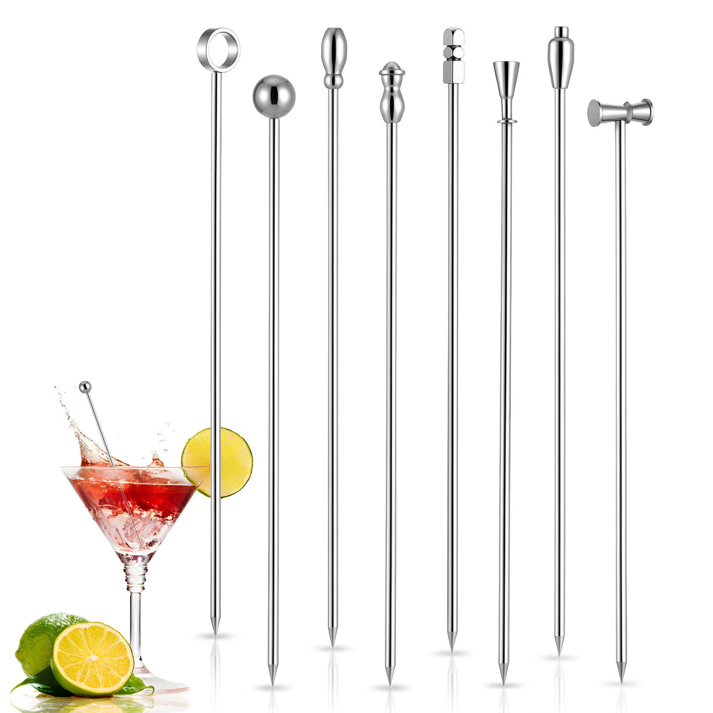 Nogeqi 8 Pcs Metal Cocktail Sticks Reusable Martini Picks Stainless Steel Cocktail Picks for Martini Olive Skewers Bar Barbecue Fruit Bloody Mary Drink, 11 cm