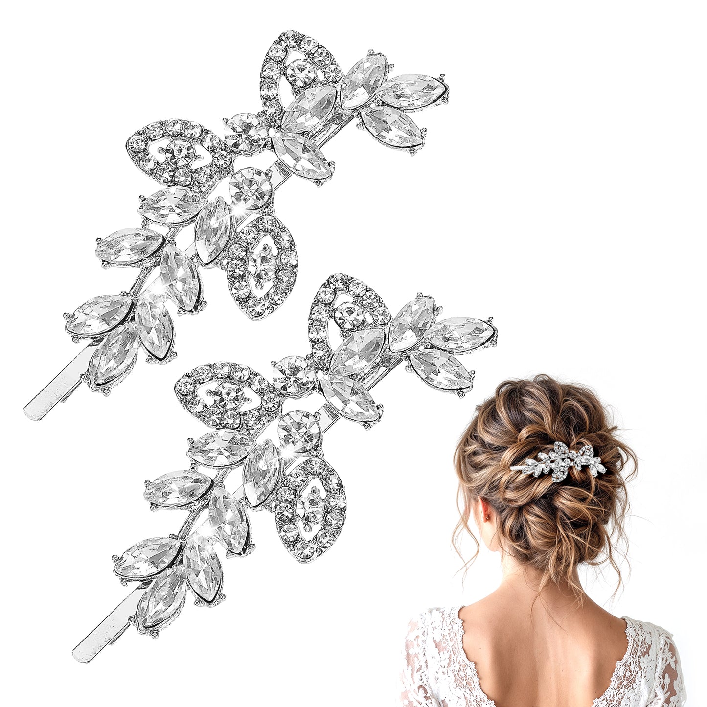 Mabor 2 Pcs Rhinestone Hair Clips Bridal Leaf Wedding Crystal Hair Clips Silver Rhinestone Jewelry Barrette Accessories for Brides Bridesmaids Flower