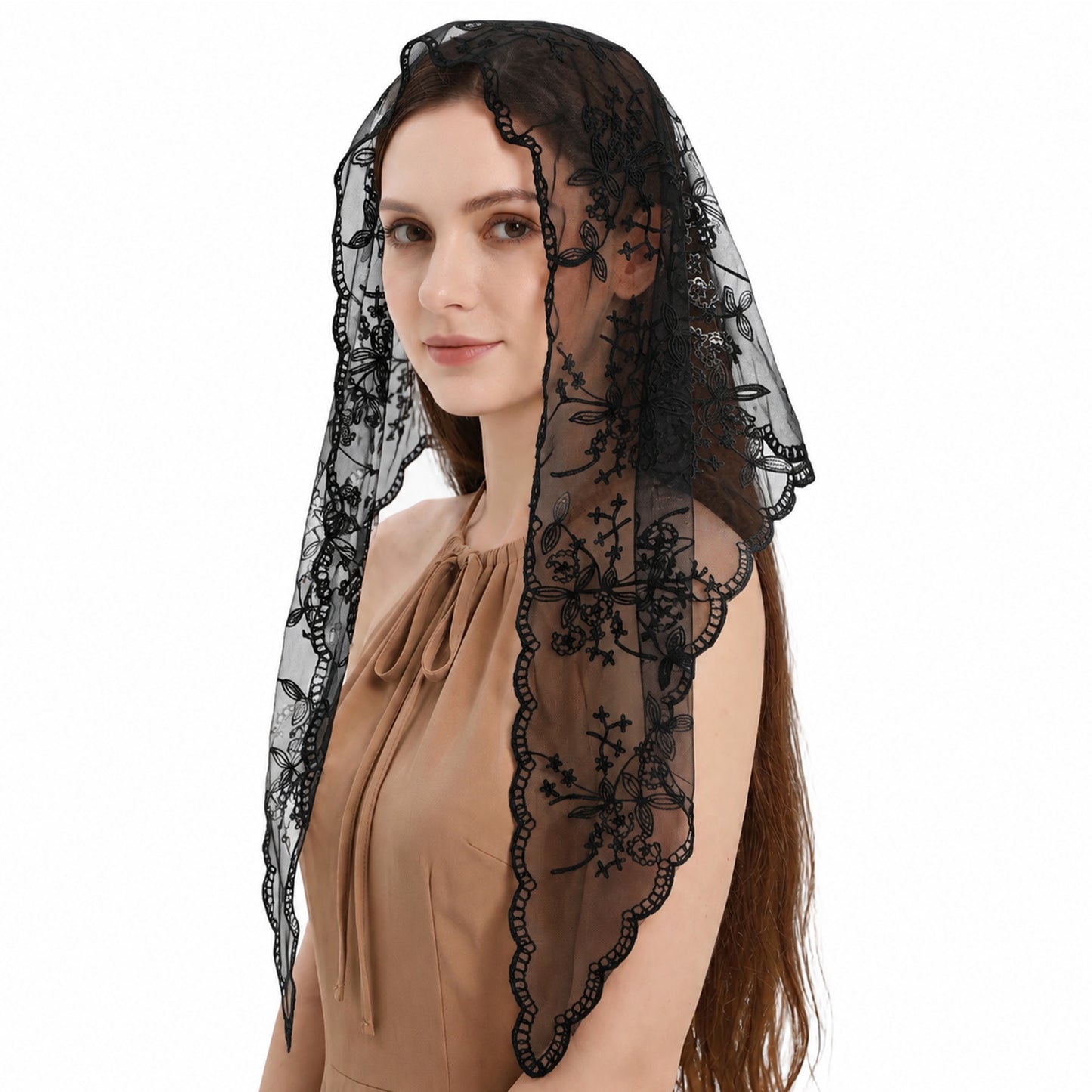 Xinjoduz Lace Mantilla Veil Triangle Catholic Head Scarf for Women (Black)