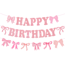 Ymapinc Glitter Pink Happy Birthday Banner/Garland, No-DIY Bow Birthday Decorations for Women, Pink Banner Backdrop Sign
