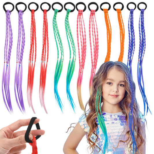 12PCS 17.3 Inch Bands Hair Braided Wigs Ponytail Extension for Girls Crazy Hair Day Accessories Colorful Braids Synthetic Hairpieces Ponytail for Women Girls