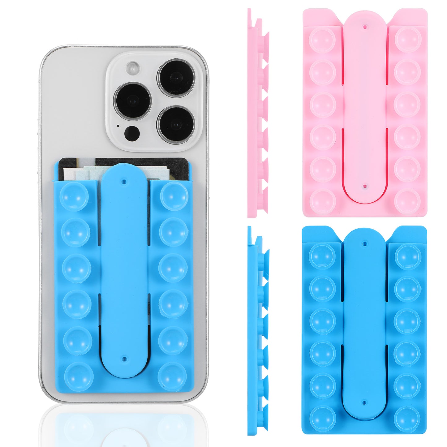 Nogeqi 2PCS Silicone Suction Phone Card Holder, Multi-purpose Adhesive Suction Phone Grip Hands-Free for Selfies and Videos, 3.78 X 2.24inch (Pink, Blue)
