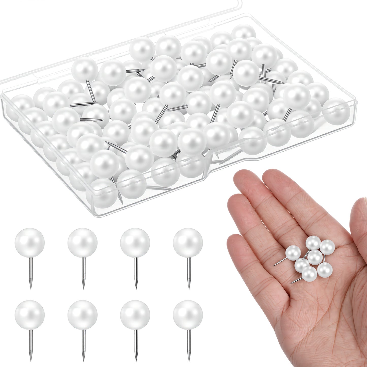 Nogeqi 100PCS White Pearl Push Pins, Decorative Thumb Tacks with Plastic Storage Box, Aesthetic Round Head Push Pins for Bulletin Board Cork Board Maps Calendars Photos DIY Crafts Home & Office Decor