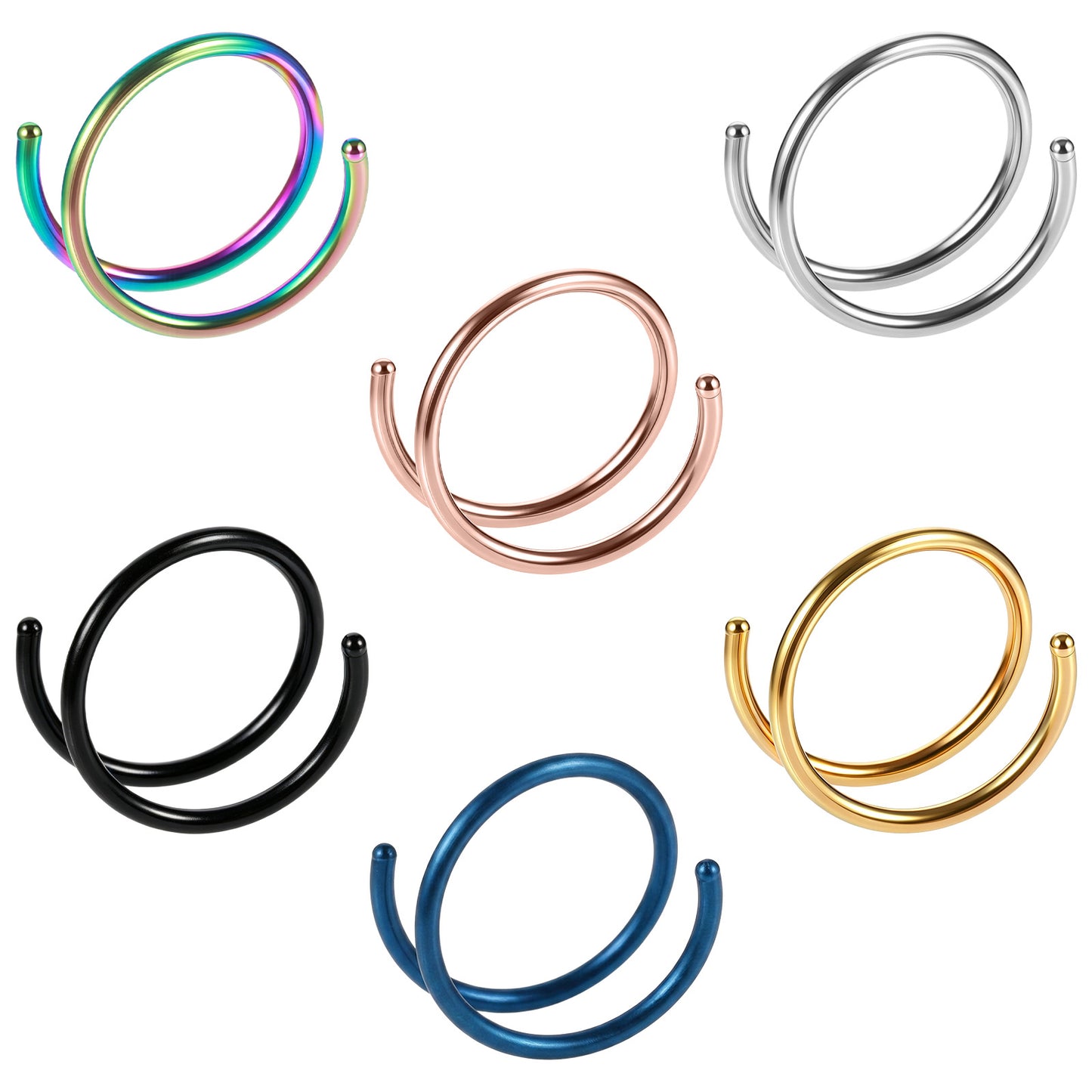 Xinjoduz 6 PCS Double Hoop Nose Ring for Single Piercing, Stainless Steel Twist Spiral Nose Rings Double Hoops for Women, 20 Gauge Nostril Piercing Jewelry (8 mm, 6 Colors)