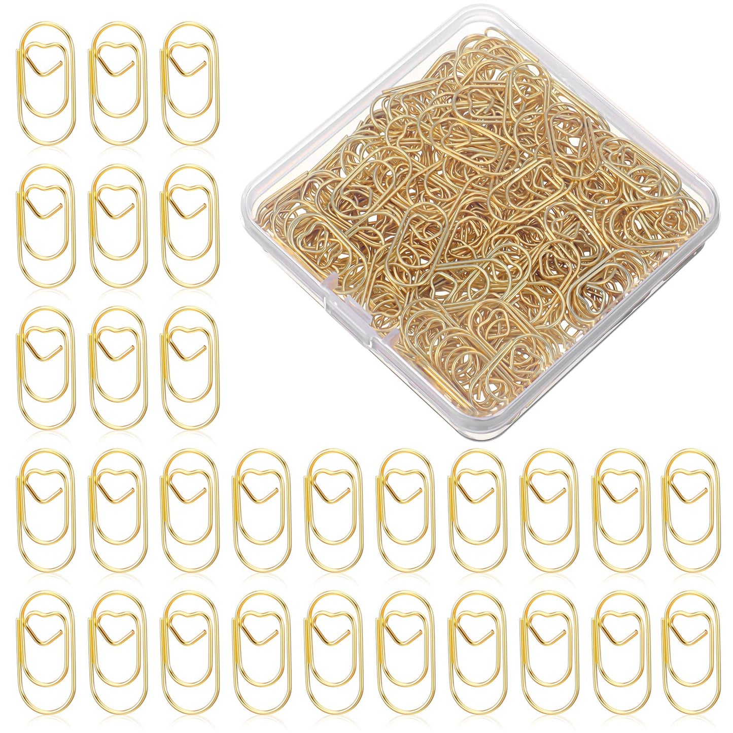 Nogeqi Pack of 200 Heart Paper Clips, Heart-Shaped Paper Clips with Transparent Box, Oval Motif, Metal Heart Paper Clips for Office, Classroom, File Clip, School, Wedding (Gold)