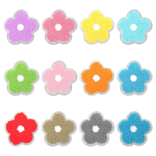 Xinjoduz 12 Pcs Flower Chenille Patches, 2.3 Inch Self Adhesive Iron Patches for Clothing Sew On Applique Patches for Clothes Dress Pants Hats Socks Backpacks DIY Accessories(12 Color+Silver Edges)