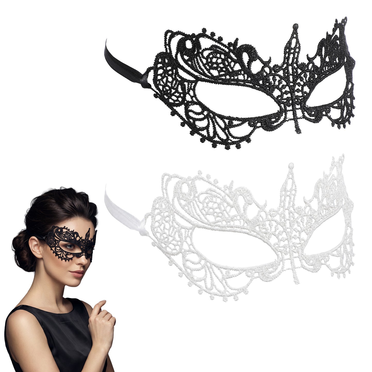 Matwsec 2 Pcs Masquerade Mask for Women, Lace Mask for Venetian Costume Party, Elegant Black & White Lace Masquerade Mask for Halloween Costume Party, Prom Ball Carnival Accessories