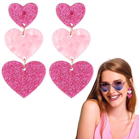 1 Pair Pink Heart Earrings for Women Dangling Valentine's Day Earrings Glitter Acrylic Hot Pink Heart Earring Cute Love Dangling for Women Gift
