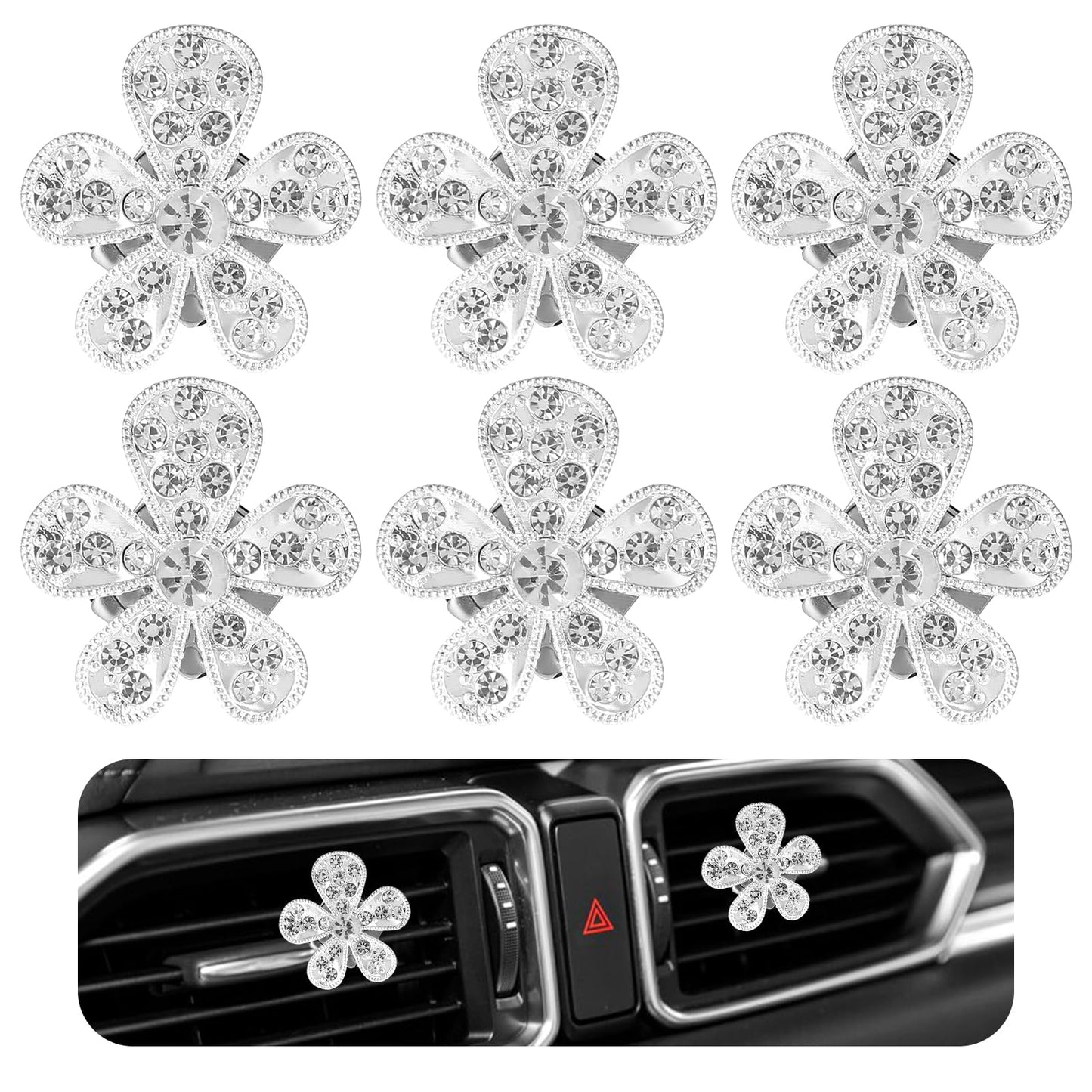 Tyqour 6Pcs Bling Daisy Air Vent Clips, Cute Flower Car Vent Clips, Diamond Car Diffuser, Rhinestone Interior Decoration Charm Accessories for Women Girls(Silver)