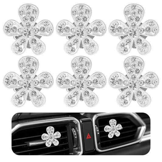 Tyqour 6Pcs Bling Daisy Air Vent Clips, Cute Flower Car Vent Clips, Diamond Car Diffuser, Rhinestone Interior Decoration Charm Accessories for Women Girls(Silver)