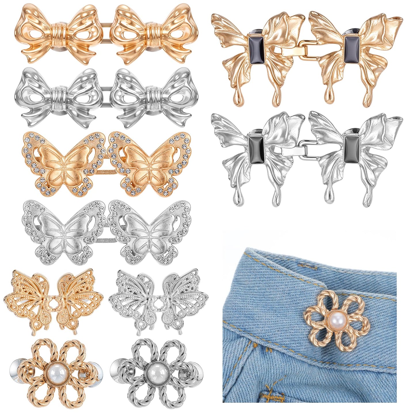 10 Sets Jean Waist Tightener, 5 Styles Jean Buttons Pant Waist Tightener for Loose Jeans Adjustable Butterfly Buckles Sets No Sew Decorative Brooch Pins Clips for Women Clothing Dresses (Gold, Silver)